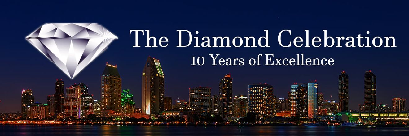 The Diamond Celebration: 10 Years of Excellence, over the San Diego skyline at night